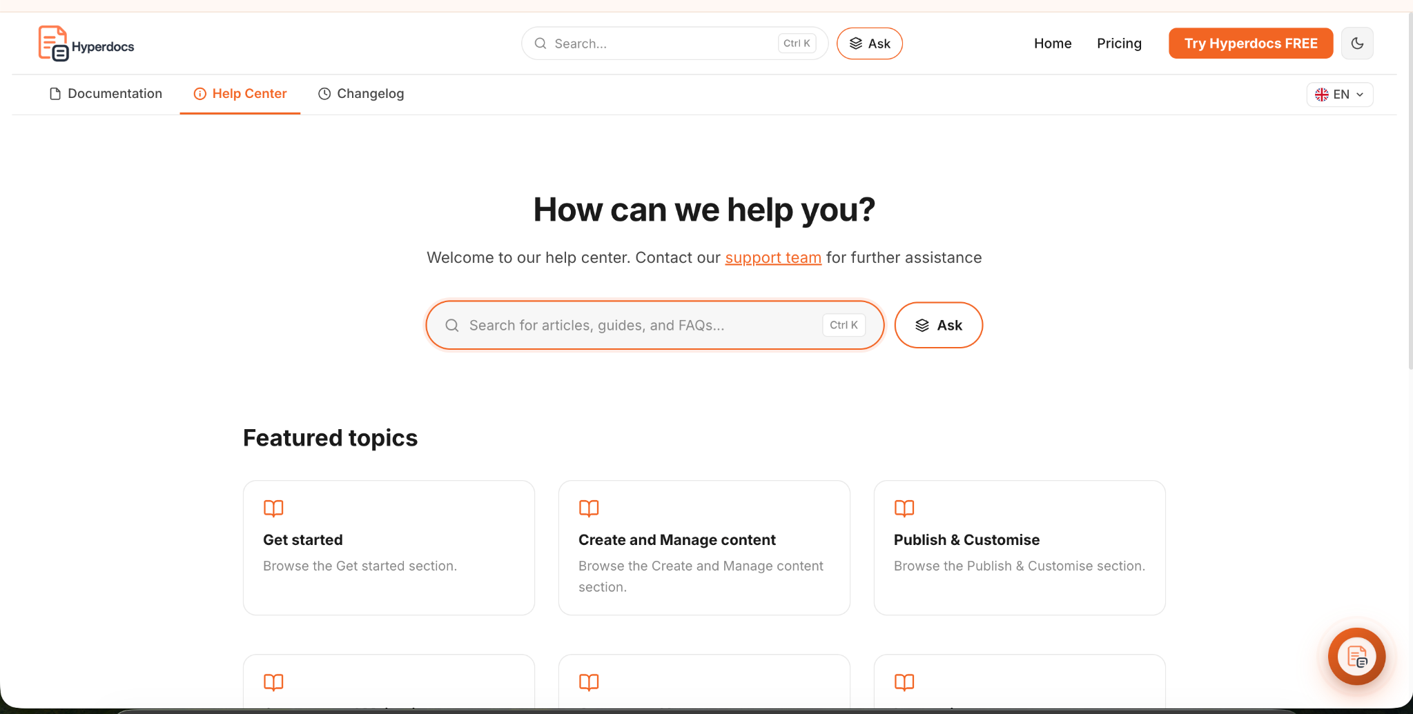 Hyperdocs Help Center homepage and featured help topics