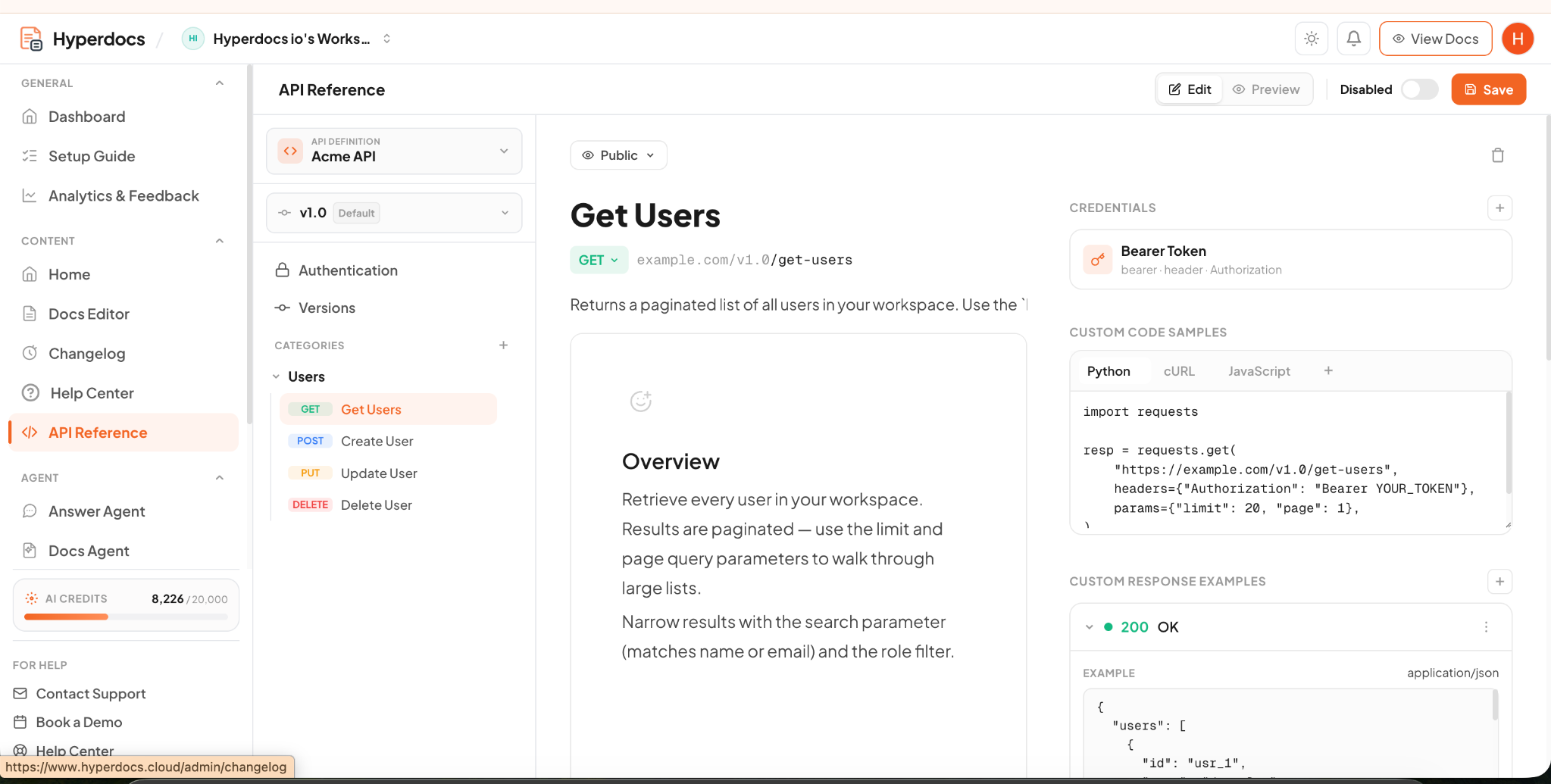Hyperdocs API reference with endpoint documentation and code example