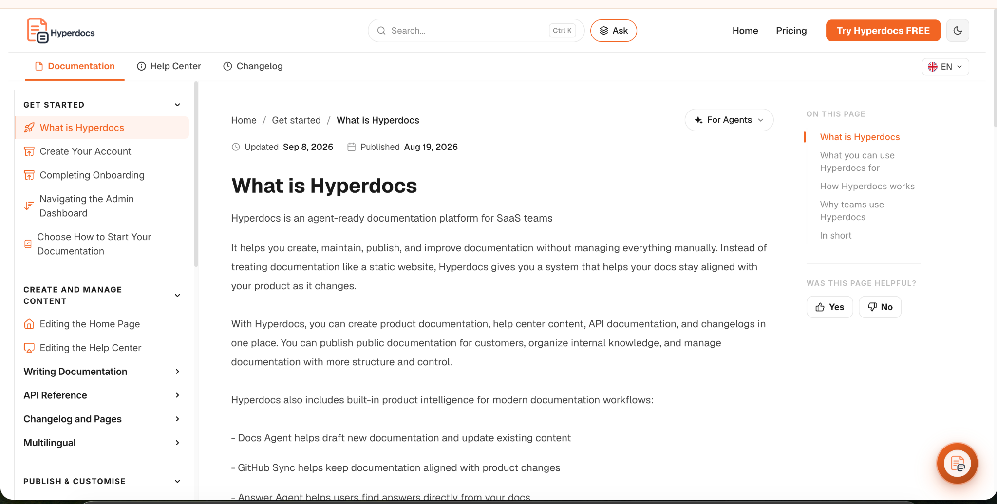 Hyperdocs product documentation with article navigation and content