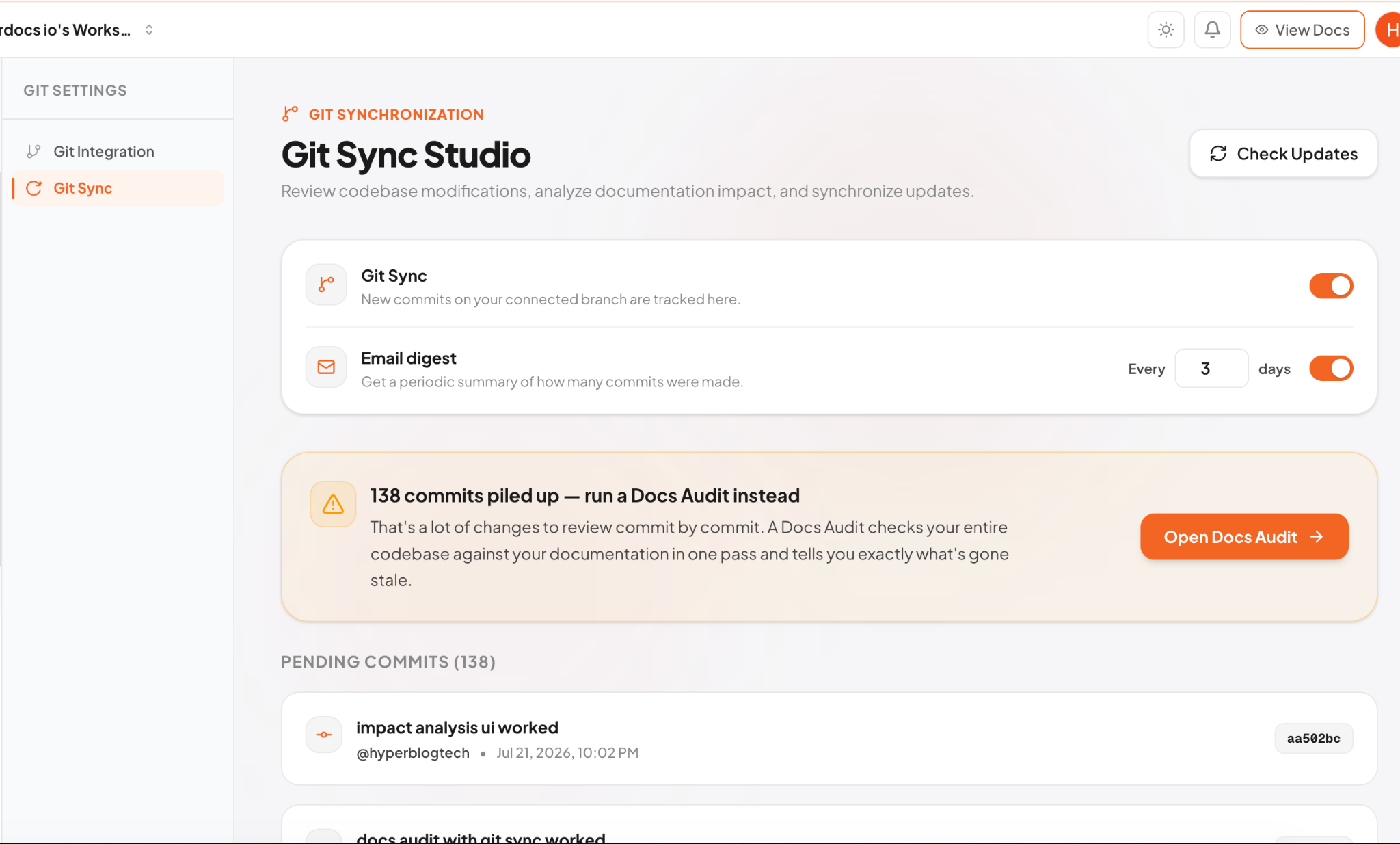 Hyperdocs Git Sync Studio with synchronization settings and pending commits